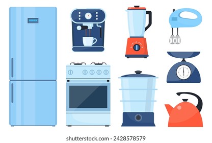 Home appliance set. Household electric devices collection. Refrigerator, stove, coffee machine, mixer, blender, kettle, scale. Domestic equipment. House electronics. Vector illustration