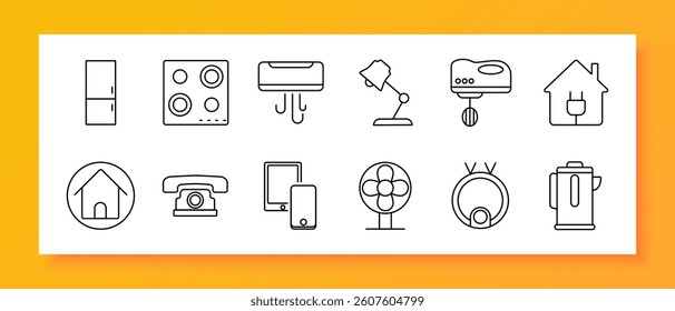 Home and appliance set icon. Includes refrigerator, stove, aircon, lamp, mixer, plug house, house symbol, telephone, devices, fan, robot vacuum, kettle in outlined style