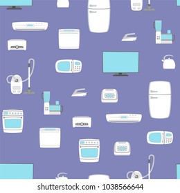 Home appliance set seamless background. TV, refrigerator, conditioner, dishwasher, oven, kettle, iron, multicooker, blender mixer vacuum cleaner washing machine microwave toster Vector illustratoin