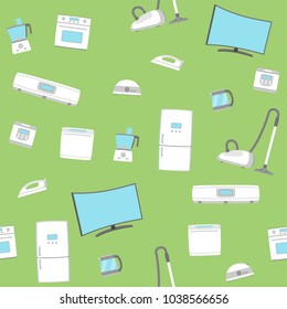 Home appliance set seamless background. TV, refrigerator, conditioner, dishwasher, oven, kettle, iron, multicooker, blender mixer vacuum cleaner washing machine microwave toster Vector illustratoin