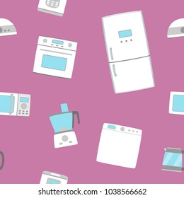 Home appliance set seamless background. TV, refrigerator, conditioner, dishwasher, oven, kettle, iron, multicooker, blender mixer vacuum cleaner washing machine microwave toster Vector illustratoin