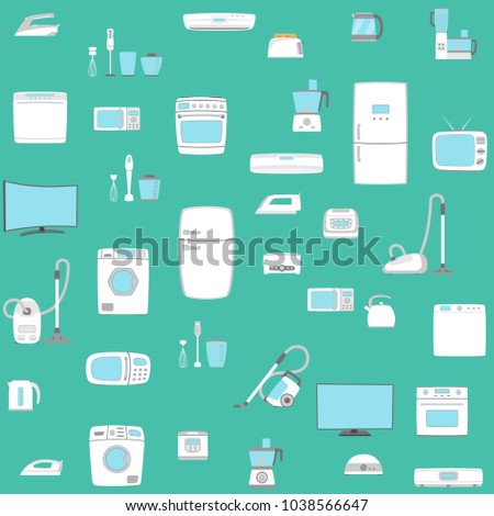 Home appliance set seamless background. TV, refrigerator, conditioner, dishwasher, oven, kettle, iron, multicooker, blender mixer vacuum cleaner washing machine microwave toster Vector illustratoin