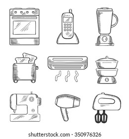 Home appliance sketched icons set with on oven, telephone, liquidizer, toaster, heater, steamer, sewing machine, hairdryer and egg beater. sketch style