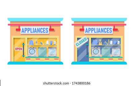 The home appliance store is open and closed. illustrations of the exterior facade of the store building.Collection of store facades isolated on a white background.Vector illustration in flat style