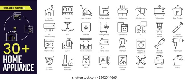 Home Appliance Stroke icon collections. Containing Appliance, Stove, Coffee Maker, Television, Rice Cooker, Water Heater, Indoor Camera, UPS, PC, and  icons. Editable Stroke icon collection