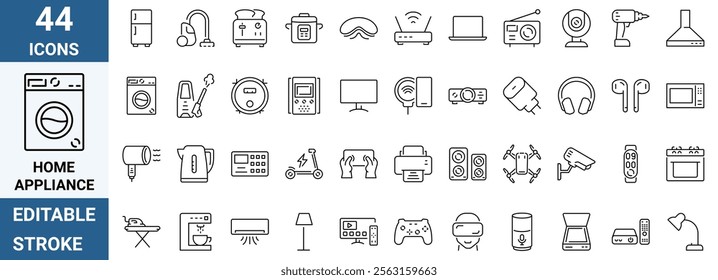 Home Appliance web Line icons. Editable Icons set. Vector illustration. devices, kitchen, office equipment, personal care accessories, and more