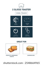 Home appliances
 • 2 slice pop-up toasters. • With cancel function. • Auto shut-off. • With working indicator light