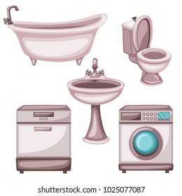 Home Appliances and Bathroom Stuff. Vector Drawings. Cartoon Illustration of Dishwasher Machine, Washing Machine, Toilet, Bathtub and Sink on a White Background