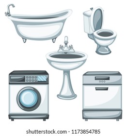 Home Appliances and Bathroom Stuff. Vector Drawings. Cartoon Illustration of Dishwasher Machine, Washing Machine, Toilet, Bathtub and Sink on a White Background