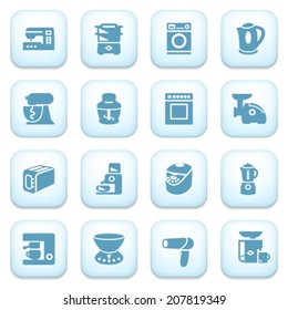 Home appliances blue icons on white buttons.