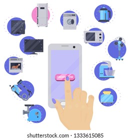 Home appliances buying online on phone flat illustration vector. Modern technology house machine equipment. Domestic appliance automation device. Creative order household tools.