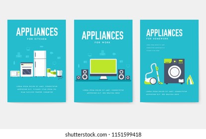 Home appliances cards set. Electronics template of flyear, magazines, posters, book cover, banners. Devices infographic concept background. Layout illustrations template pages with typography 