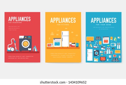 Home appliances cards set. Electronics template of flyear, magazines, posters, book cover, banners. Devices infographic concept background. Layout illustrations template pages with typography 