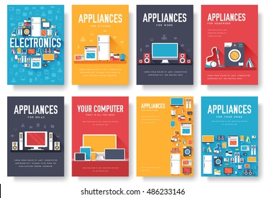 Home appliances cards set. Electronics template of flyear, magazines, posters, book cover, banners. Devices infographic concept background. Layout illustrations template pages with typography text