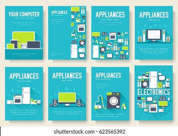 Home appliances cards set. Electronics template of flyear, magazines, posters, book cover, banners. Devices infographic concept background. Layout illustrations template pages with typography text