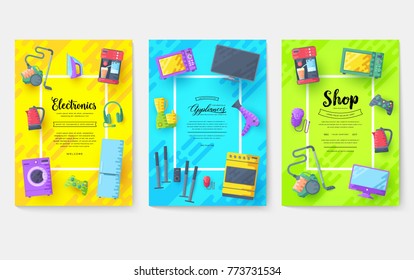 Home appliances cards set. Electronics template of flyear, magazines, posters, book cover, banners. Devices infographic concept background. Layout illustrations template pages with typography text
