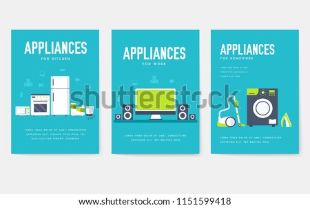 Home appliances cards set. Electronics template of flyear, magazines, posters, book cover, banners. Devices infographic concept background. Layout illustrations template pages with typography 