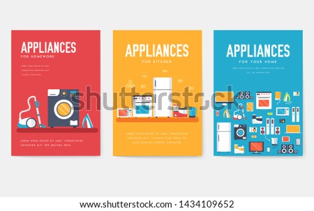 Home appliances cards set. Electronics template of flyear, magazines, posters, book cover, banners. Devices infographic concept background. Layout illustrations template pages with typography 