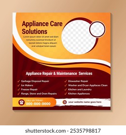 Home appliances care solutions template or banner layout for social media banner on square layout. vector illustration with red background and yellow white shapes for element. circle space for photo.