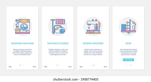 Home appliances for cleaning household work vector illustration. UX, UI onboarding mobile app page screen set with line technology, washing machine vacuum cleaner iron sewing machine to clean and wash