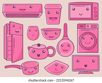 Home Appliances Collection, Kawaii Characters and Doodle Concepts, Facial Expression Combinations, Home Appliances Doodle, Design for Vector Illustration