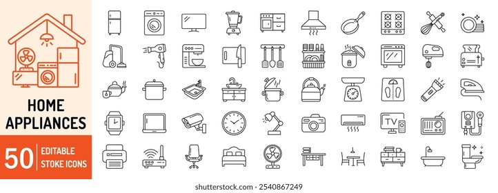 Home Appliances coleções editável traçado contorno ícones da Web definido. Eletrodomésticos, geladeira, máquina de lavar roupa, aspirador de pó, televisão, ar condicionado e uso doméstico. Ilustração vetorial