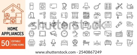 Home Appliances collections editable stroke outline web icons set. Home appliances, refrigerator, washing machine, vacuum cleaner, television, air conditioner and household. Vector illustration