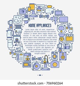 Home appliances concept in circle with thin line icons: refrigerator, coffee machine, microwave, fryer and place for text. Household vector illustration for banner, web page, print media. 
