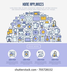Home appliances concept in half circle with thin line icons: refrigerator, coffee machine, microwave, fryer and place for text. Household vector illustration for banner, web page, print media. 