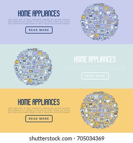 Home appliances concept with thin line icons: refrigerator, coffee machine, microwave, fryer and place for text. Household vector illustration for banner, web page, print media. 