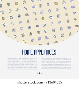 Home appliances concept with thin line icons: refrigerator, coffee machine, microwave, fryer. Household vector illustration for banner, web page, print media. 