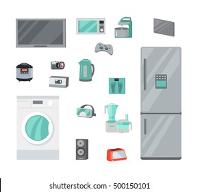 Home Appliances for cooking, washing, entertainment. Technique for housekeeping flat vector illustrations isolated on white background. Kitchen, gaming, music, electronic equipment set for stores ad