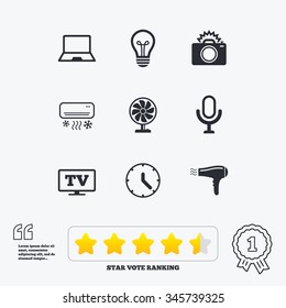 Home appliances, device icons. Air conditioning sign. Photo camera, computer and ventilator symbols. Star vote ranking. Award achievement and quotes.