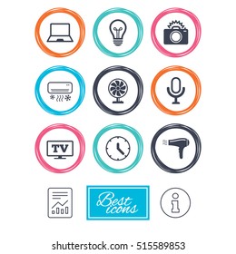 Home appliances, device icons. Air conditioning sign. Photo camera, computer and ventilator symbols. Report document, information. Vector
