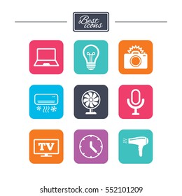Home appliances, device icons. Air conditioning sign. Photo camera, computer and ventilator symbols. Colorful flat square buttons with icons. Vector