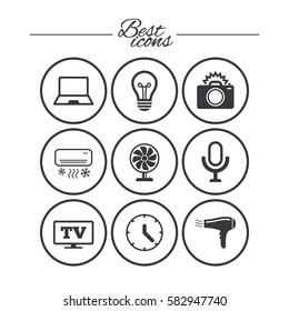 Home appliances, device icons. Air conditioning sign. Photo camera, computer and ventilator symbols. Classic simple flat icons. Vector