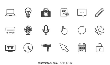 Home appliances, device icons. Air conditioning sign. Photo camera, computer and ventilator symbols. Chat, Report and Calendar line signs. Service, Pencil and Locker icons. Click, Rotation and Cursor