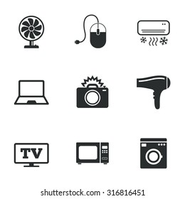 Home appliances, device icons. Electronics signs. Air conditioning, washing machine and ventilator symbols. Flat icons on white. Vector
