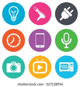 Home appliances, device icons. Electronics signs. Lamp, electrical plug and photo camera symbols. Flat circle buttons. Vector