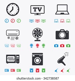 Home appliances, device icons. Electronics signs. Air conditioning, washing machine and microwave oven symbols. Flat black, red, blue and green icons.