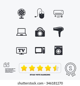 Home appliances, device icons. Electronics signs. Air conditioning, washing machine and ventilator symbols. Star vote ranking. Award achievement and quotes.