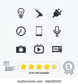 Home appliances, device icons. Electronics signs. Lamp, electrical plug and photo camera symbols. Star vote ranking. Award achievement and quotes.