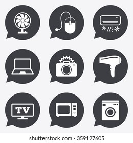 Home appliances, device icons. Electronics signs. Air conditioning, washing machine and ventilator symbols. Flat icons in speech bubble pointers.