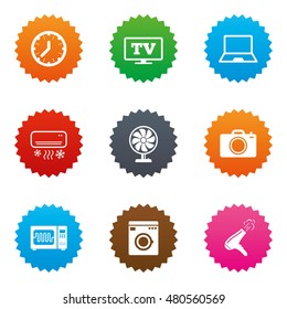 Home appliances, device icons. Electronics signs. Air conditioning, washing machine and microwave oven symbols. Stars label button with flat icons. Vector