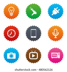 Home appliances, device icons. Electronics signs. Lamp, electrical plug and photo camera symbols. Stars label button with flat icons. Vector