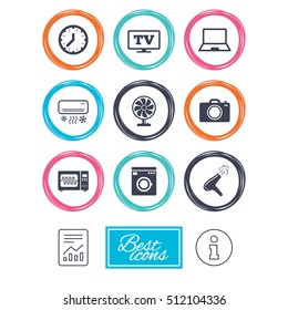 Home appliances, device icons. Electronics signs. Air conditioning, washing machine and microwave oven symbols. Report document, information icons. Vector