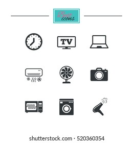 Home appliances, device icons. Electronics signs. Air conditioning, washing machine and microwave oven symbols. Black flat icons. Classic design. Vector
