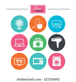 Home appliances, device icons. Electronics signs. Air conditioning, washing machine and ventilator symbols. Colorful flat buttons with icons. Vector
