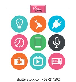 Home appliances, device icons. Electronics signs. Lamp, electrical plug and photo camera symbols. Colorful flat buttons with icons. Vector