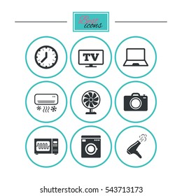 Home appliances, device icons. Electronics signs. Air conditioning, washing machine and microwave oven symbols. Round flat buttons with icons. Vector
